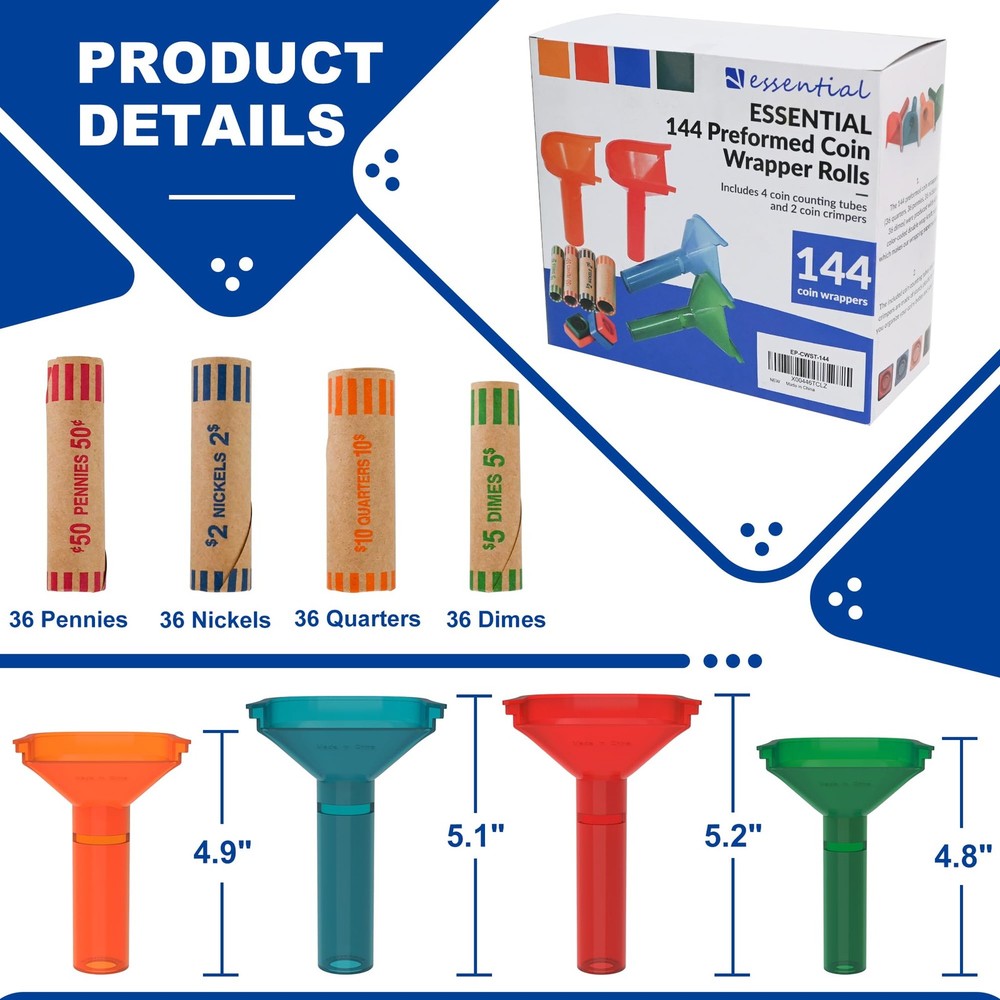 144 PCS Assorted Preformed Coin Wrapper Rolls Color Coded Tubes Tool