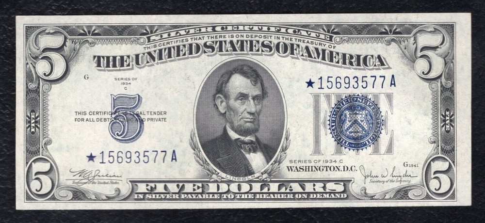 FR. 1653* 1934-C $5 FIVE DOLLARS *STAR* SILVER CERTIFICATE GEM UNCIRCULATED