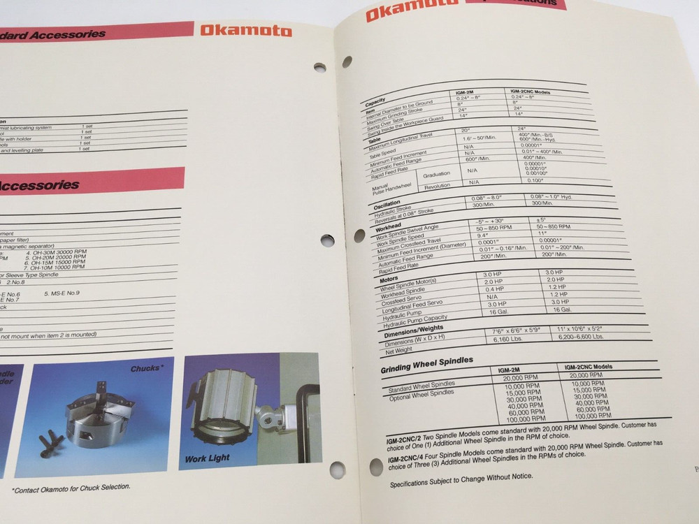 VINTAGE OKAMOTO INTERNAL GRINDING MACHINE - SALES/SPECIFICATION BROCHURE