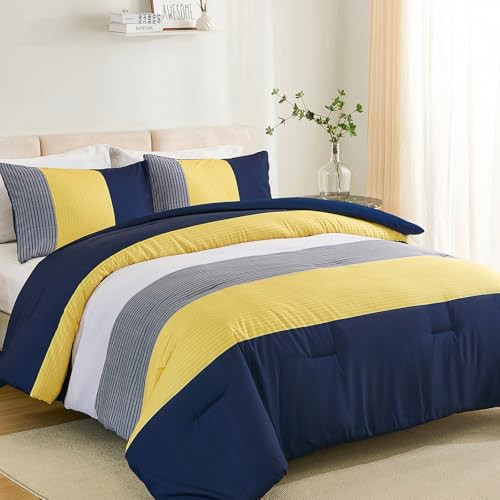 Comforter Set Queen, Reversible Blue Striped Patchwork Down Alternative
