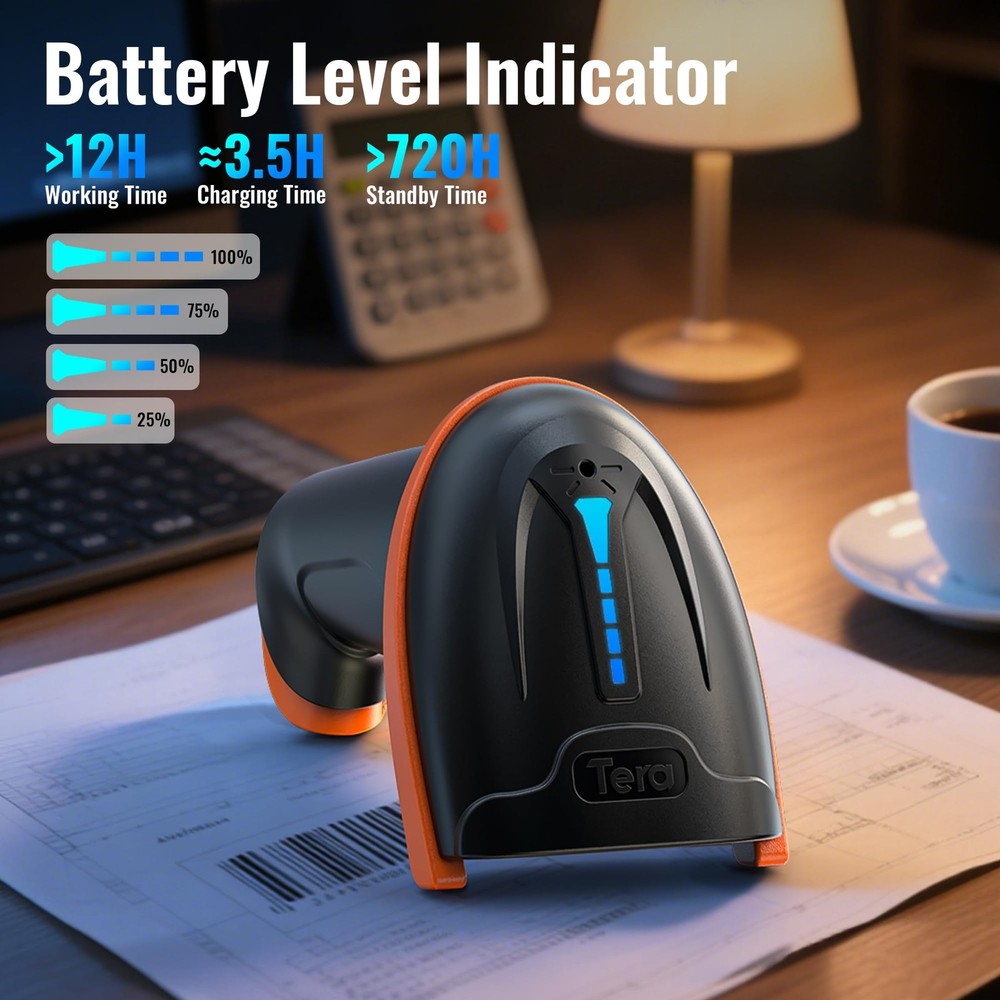 Tera 1D 2D QR Barcode Scanner Wireless and Wired with Battery Level Indicator...