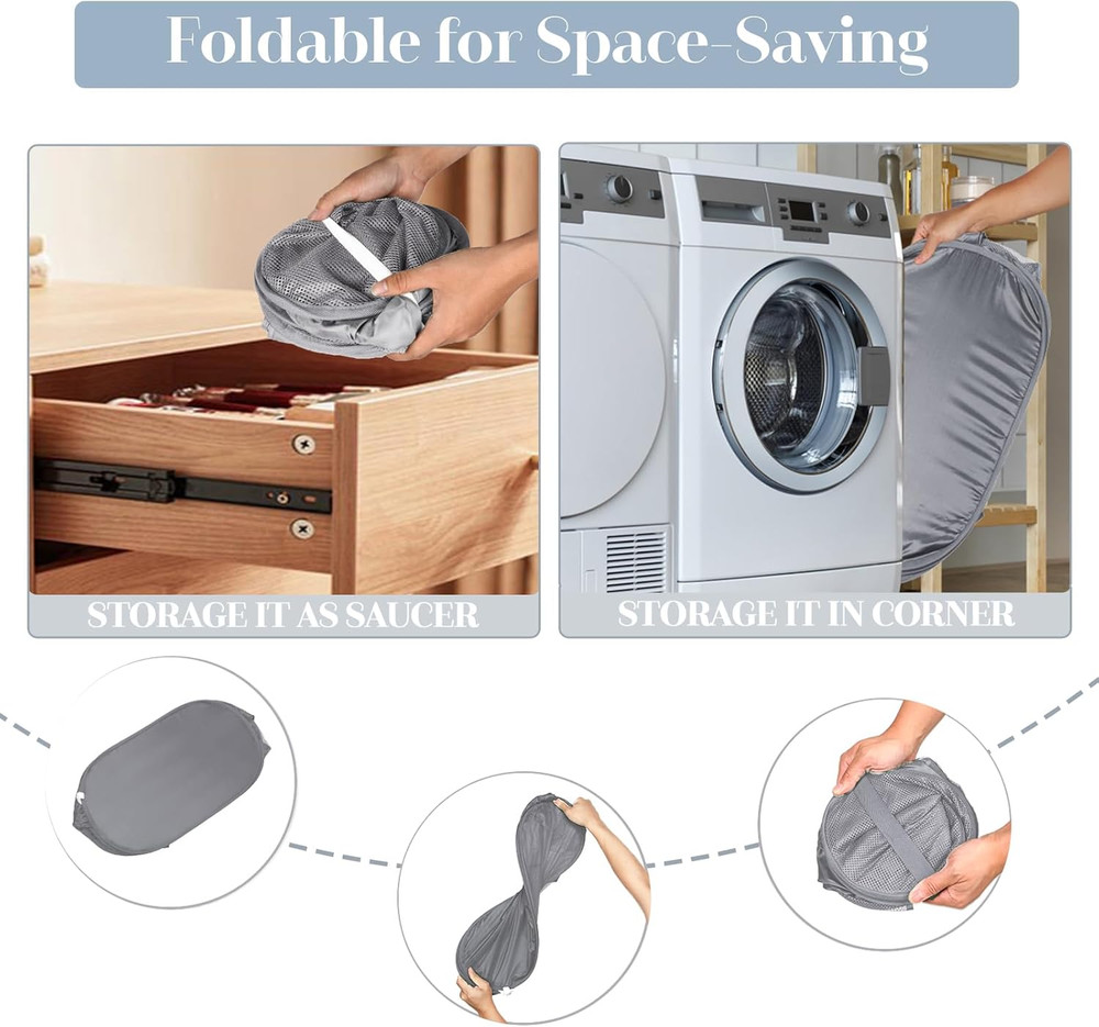 Durable Collapsible Laundry Baskets, Mesh Pop Up Laundry Hamper with Side Pocket
