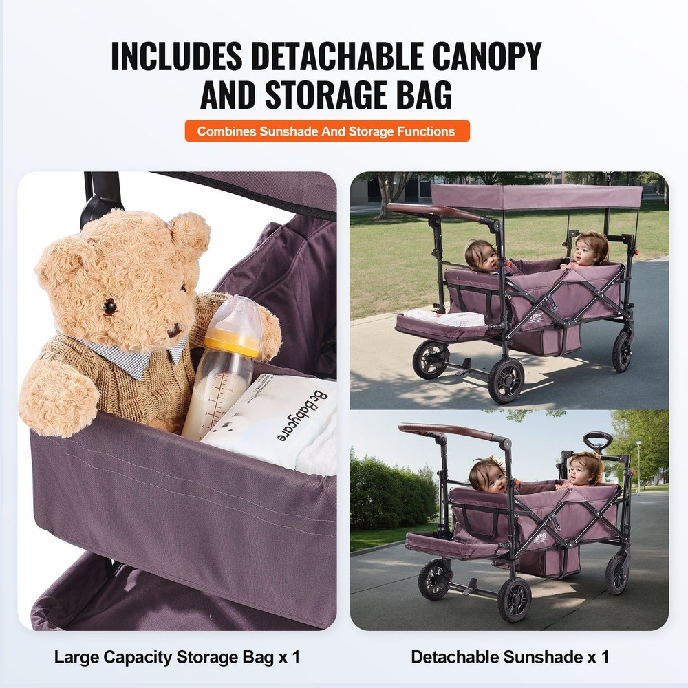 Wagon Stroller for 2 Kid Push Pull Quad Collapsible Stroller w/Adjustable Handle