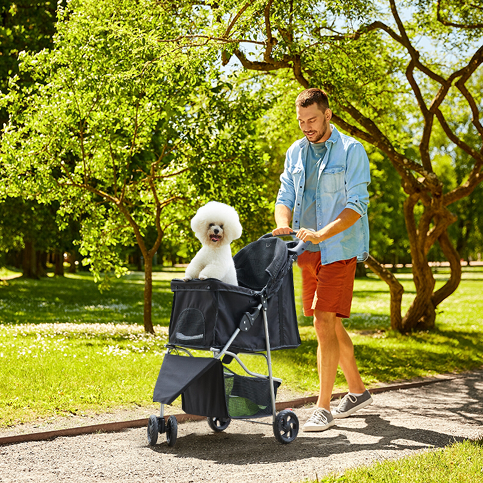 Pet Stroller Storage Basket Cup Holder Foldable Small to Medium Cat Dog 3-Wheel