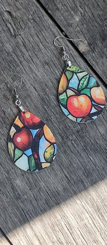 Fun Fall Apple Earrings, simple teardrop earrings with apple pattern, dangle