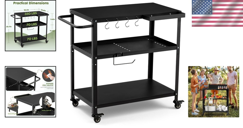 Versatile Outdoor Grill Cart Table with Lockable Wheels & Spice Caddy, Black