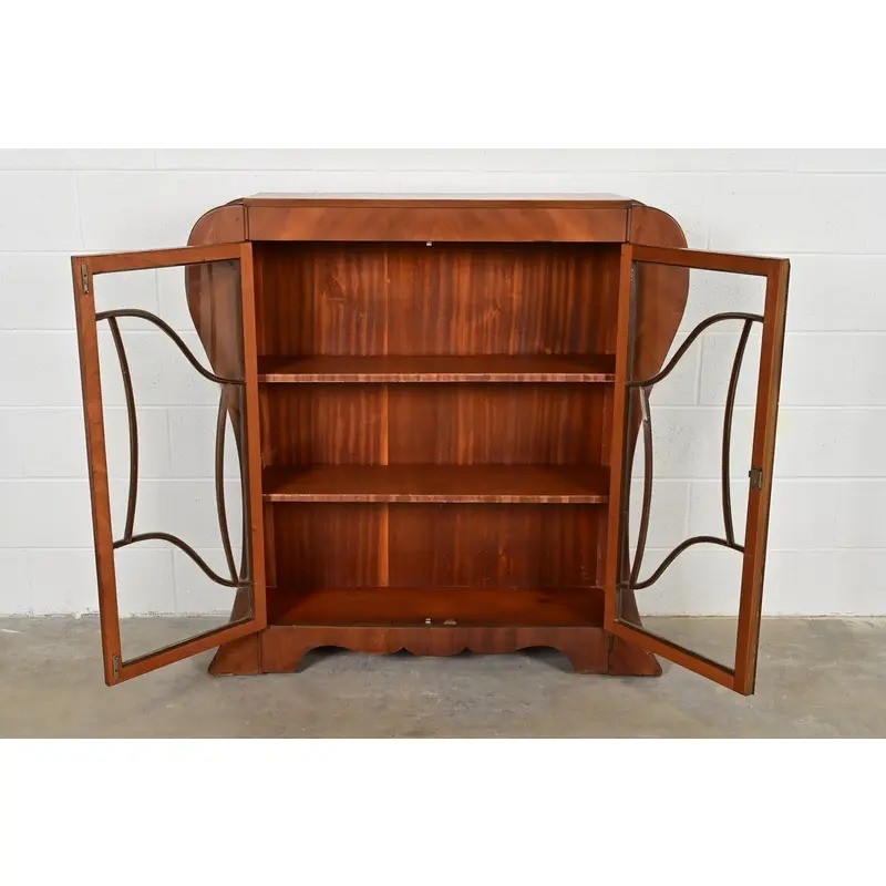 Antique Art Deco Carved Walnut Bookcase or Display Cabinet, Circa 1920s
