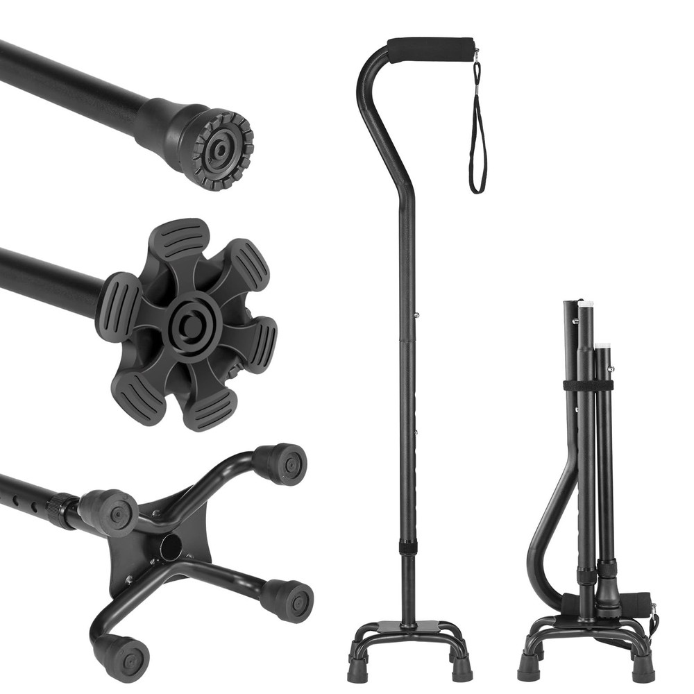 Adjustable Walking Cane, 4-Prong Base, Foldable, Foam Offset Handle, 3 Tips