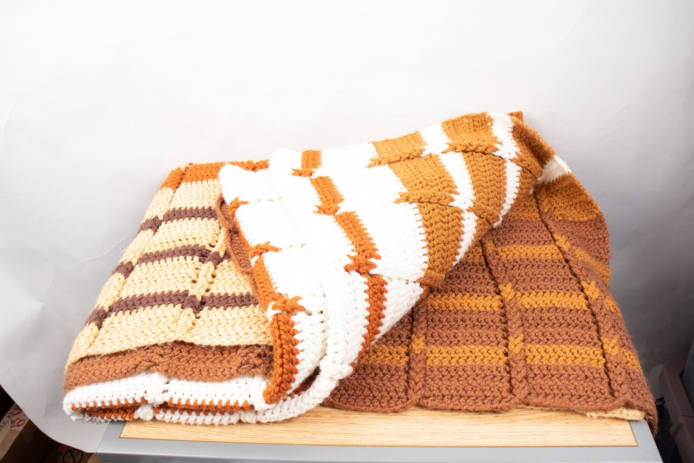 Afghan Throw White Tan Brown Rust 75" X 48"