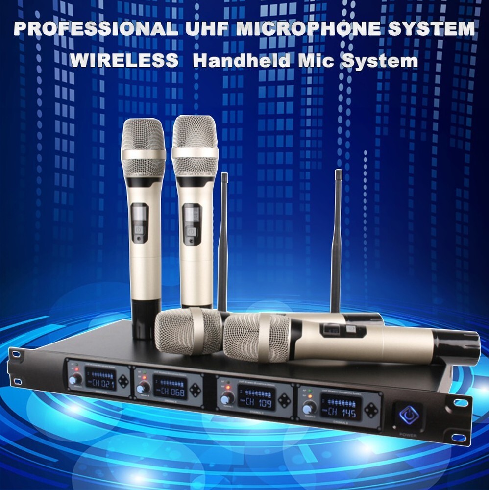 4 Channel UHF Pro Audio Wireless Microphone System 4 Handheld Metal Dynamic Mic