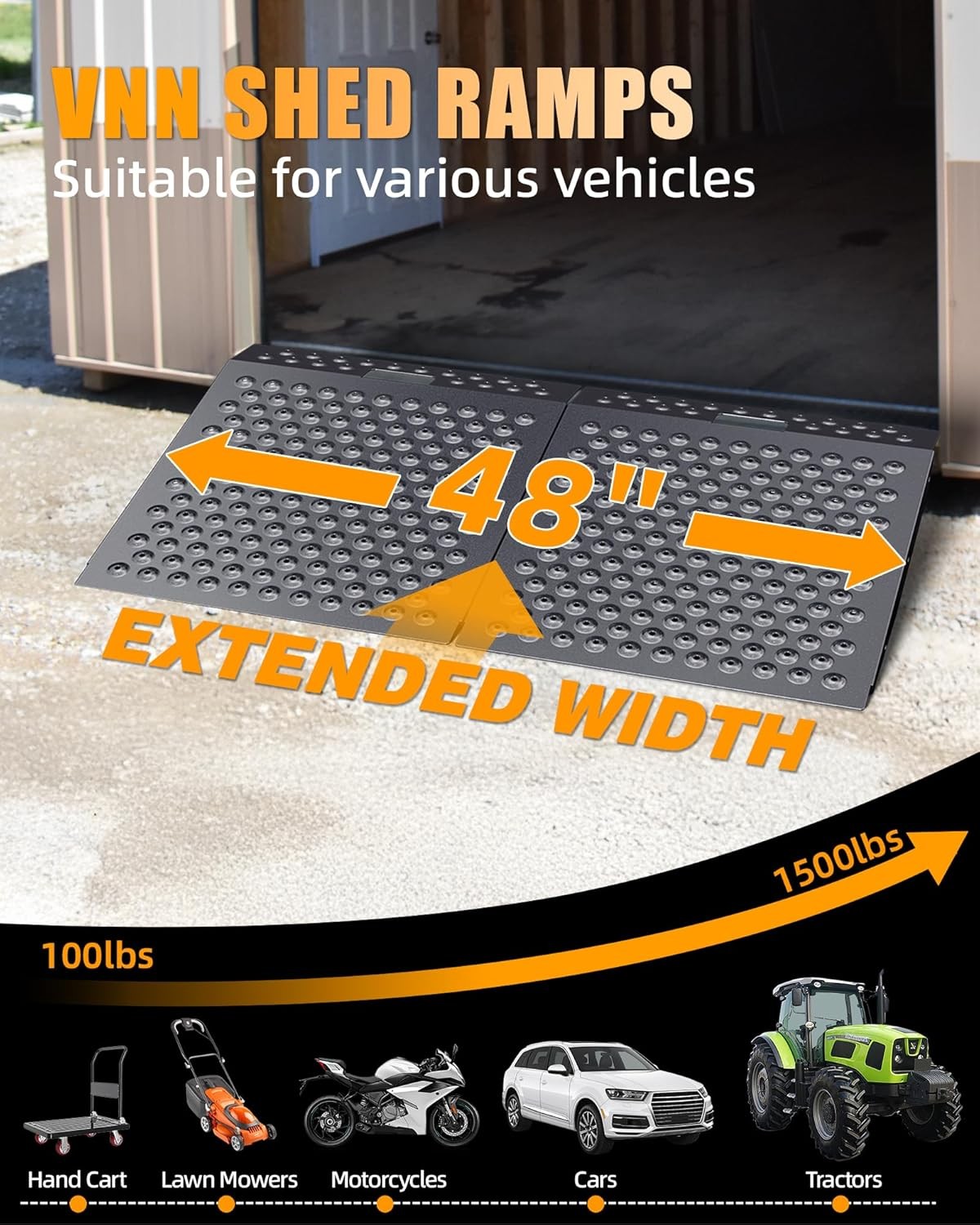 VNN 29" x 48" Shed Ramp for Riding Mower Anti-Slip Punch Plate Ramp 2PC, Black