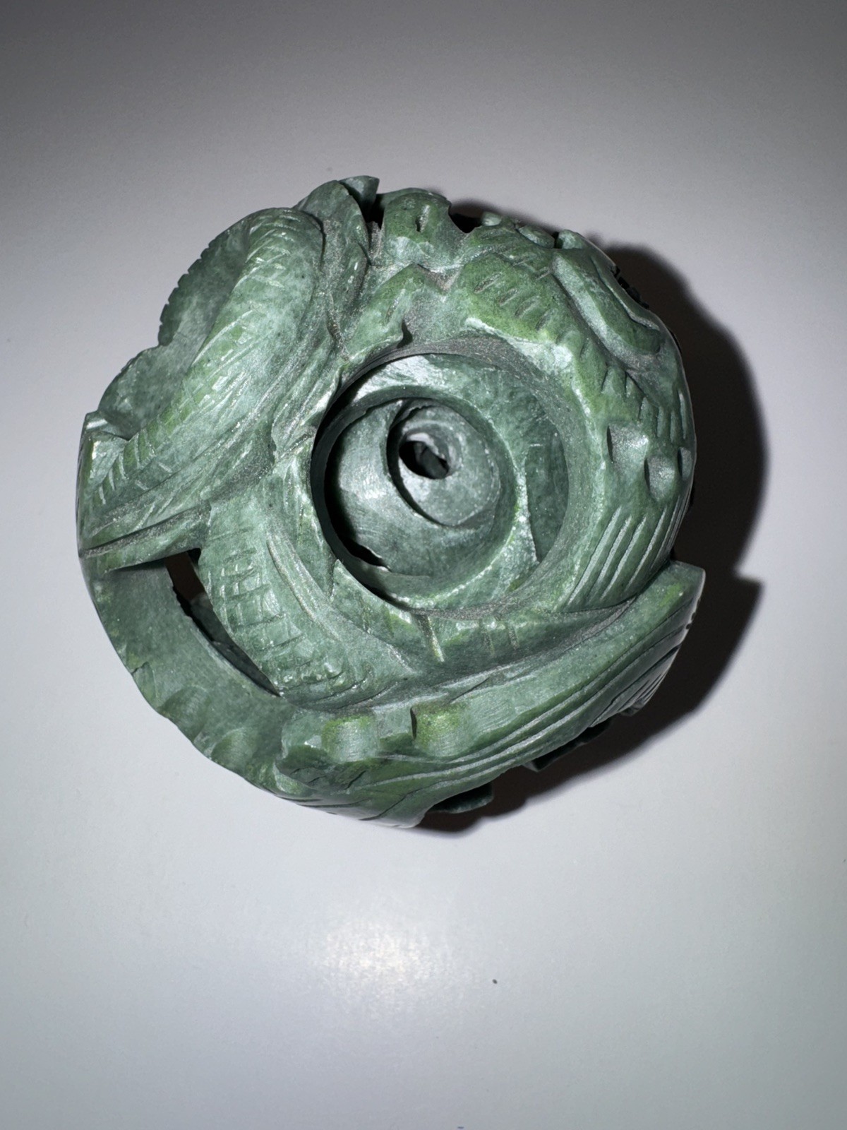 Beautiful Hand Carved Dragon 4 Layers Green Jade Puzzle Sphere Ball w/ Stand