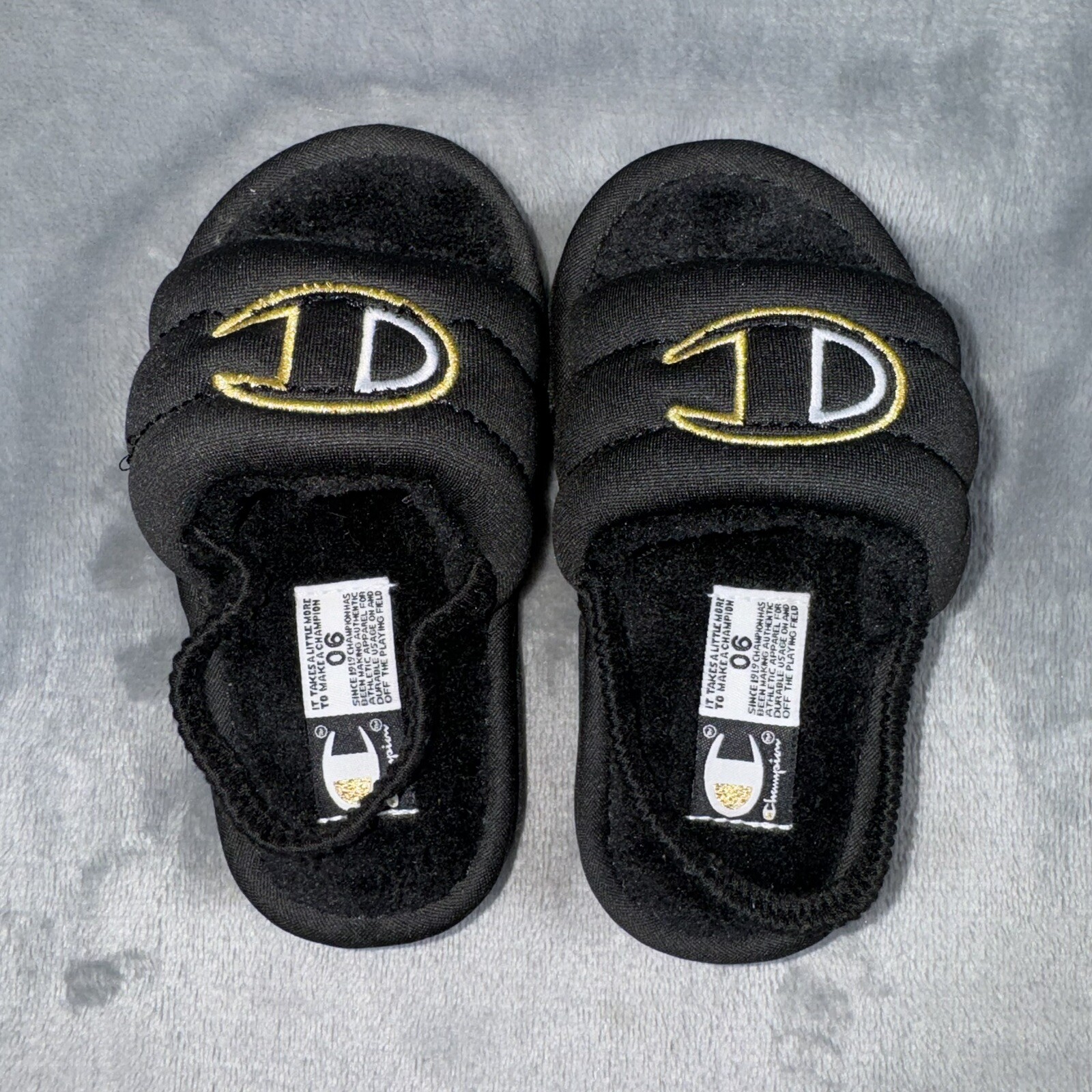Champion Plush Core Slides Black White Gold CPS10477T Toddler NWOB
