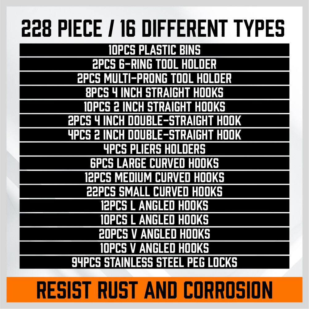 228 Piece Pegboard Hooks Assortment Accessories Bins Organizing Various Tools 5"