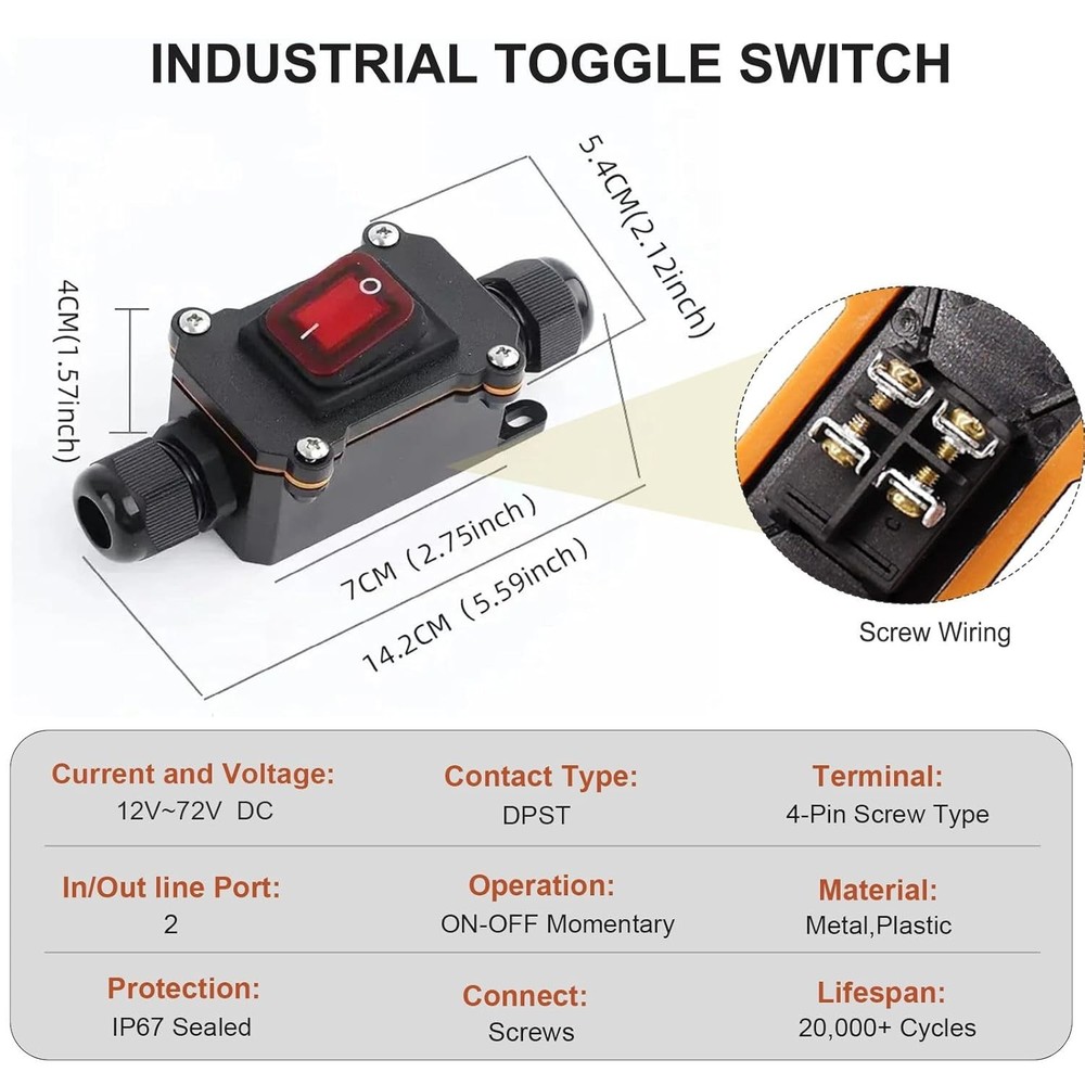 IP67 Waterproof Inline Switch with Red Light Rocker Button, On Off Toggle...