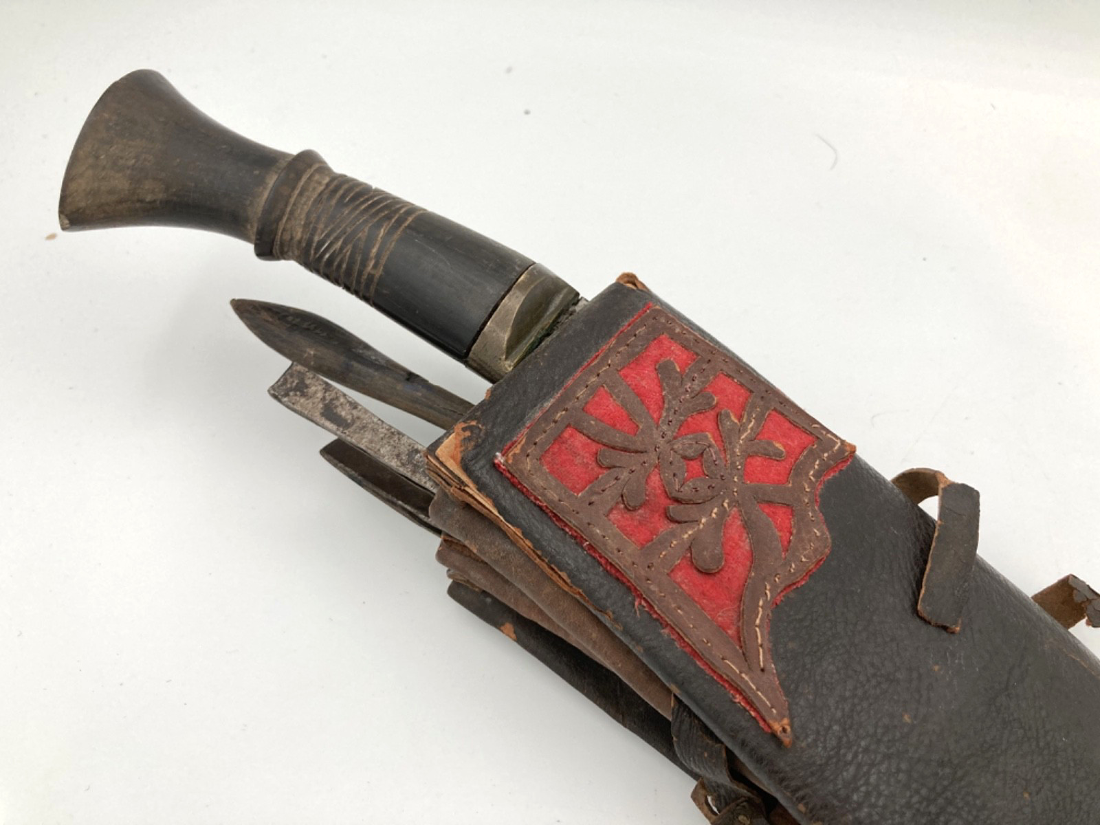 Vintage Kukri Knife Carved Wooden Handle & Leather Sheath Incomplete Set 17.5In