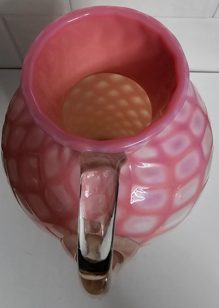 EAPG Victorian Glass Opaque Pink White Lattice Pitcher Jug