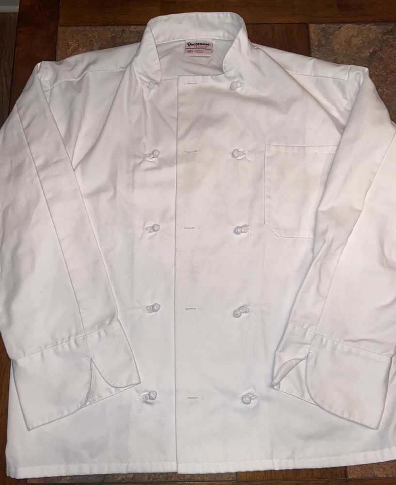 Uncommon Threads Chef Coat White Long Sleeve Medium 23”x 28” Jacket Knot Buttons