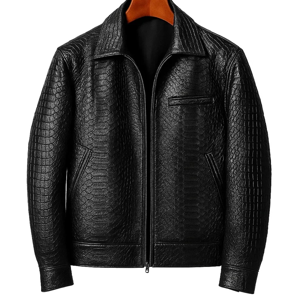 Men's Luxury Black Python Embossed Real Leather Jacket Exotic Snake Pattern Coat
