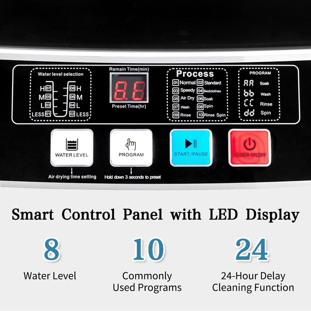 Smart Full Auto Washing Machine 17.6lbs 10 Programs Built-in Drain Pump