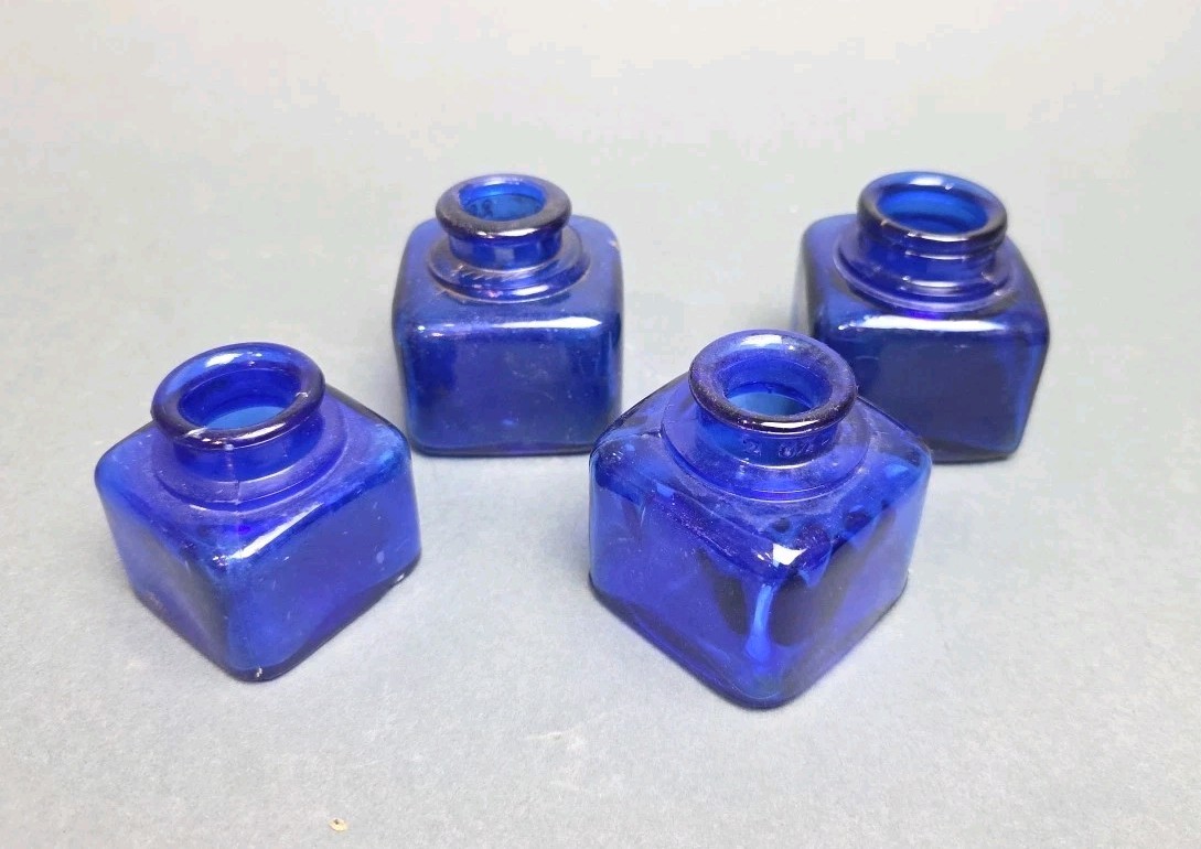 4 Vintage Cobalt Blue Glass Ink Bottles