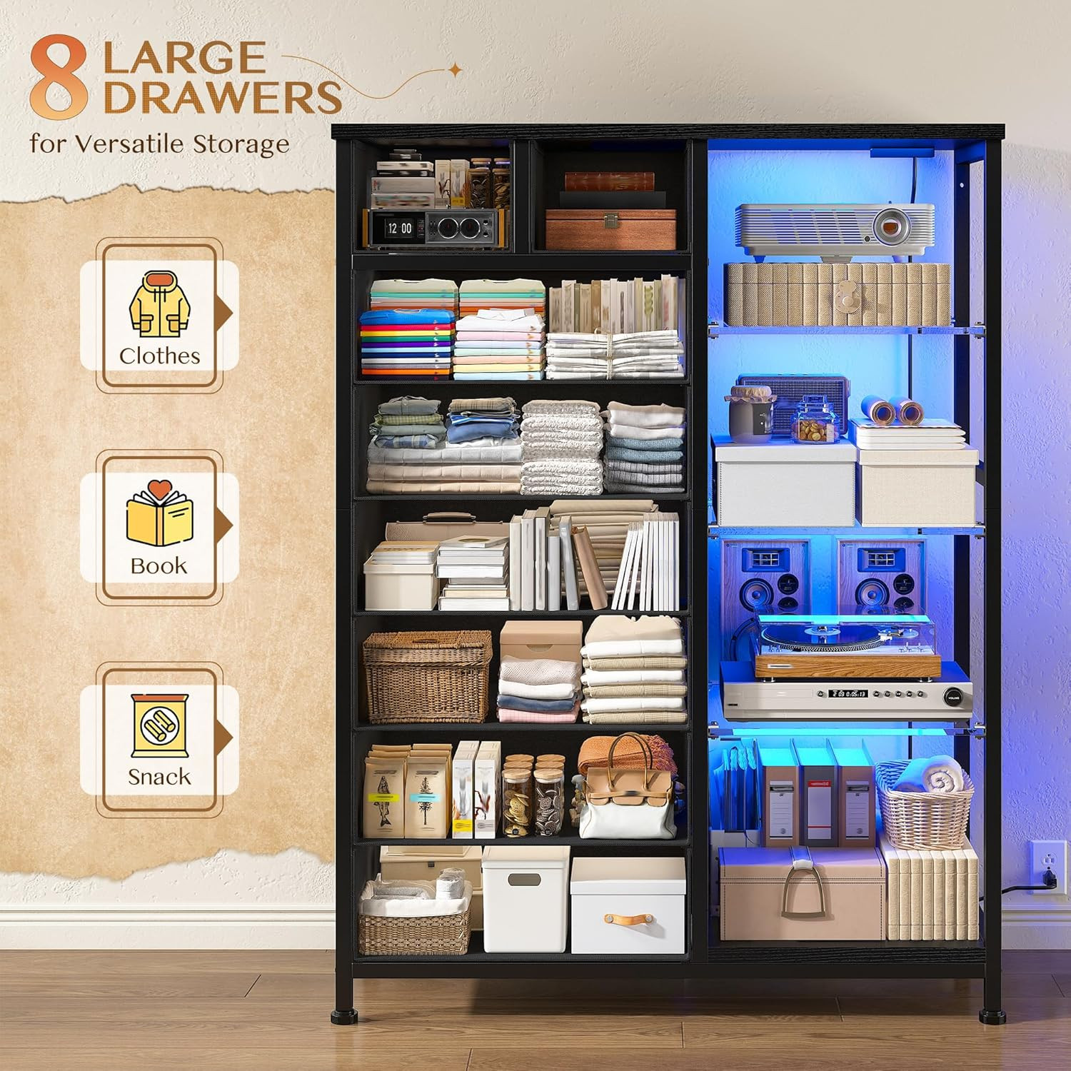 Enhomee 54" H Dresser for Bedroom with LED Lights & Power Outlets Dresser with 8