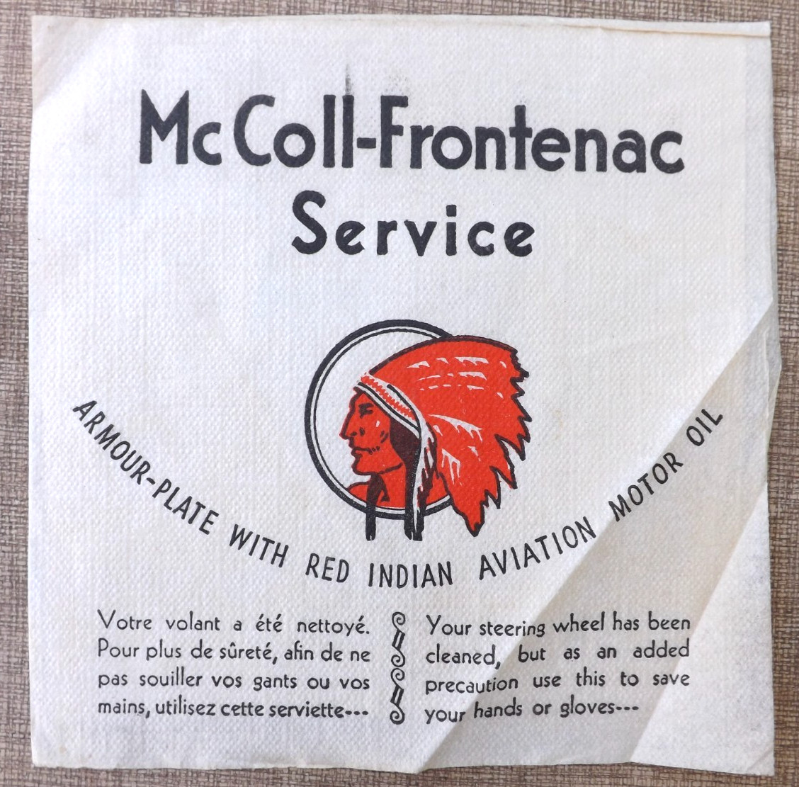 VTG. 1930s McCOLL-FRONTENAC SERVICE GAS & OIL STATION NAPKIN RED INDIAN AVIATION