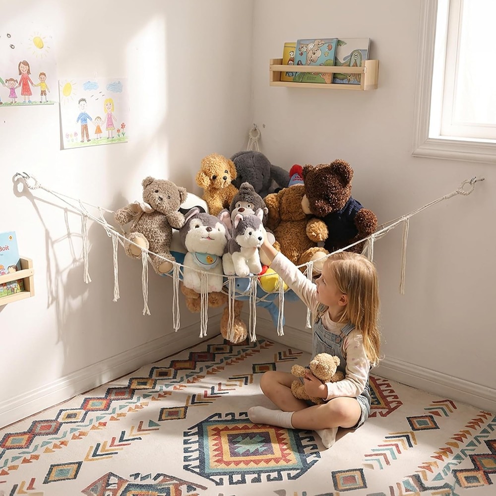 Macrame Corner Hanging Net for Stuffed Animal Storage & Toy Organization