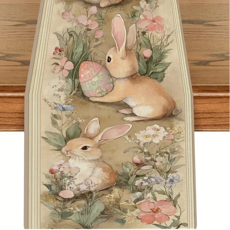 Easter Table Runner Flower Retro 13X72 Inch , Cute Rabbit Pattern Table , Easter