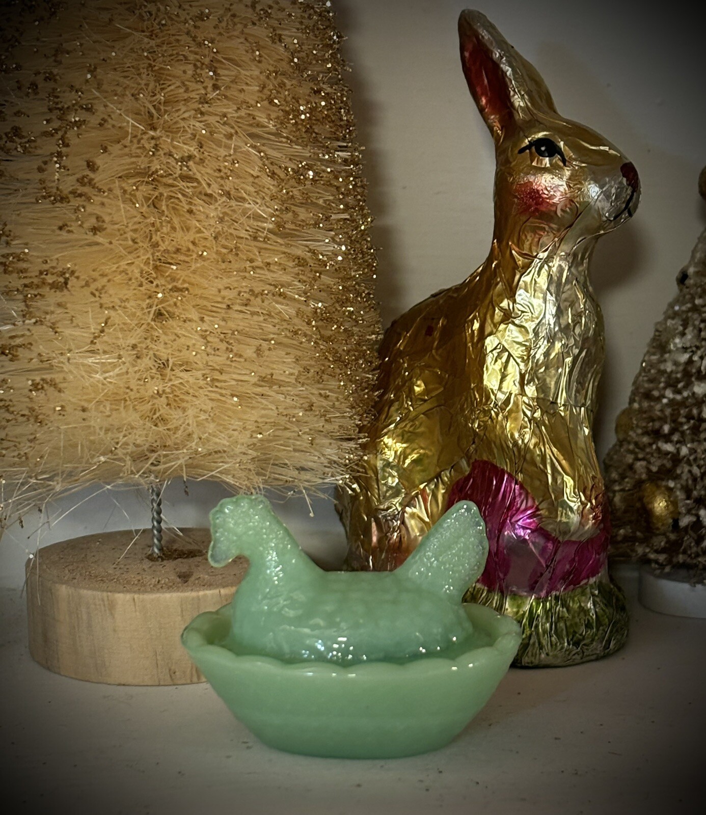 TINY Jadeite Green Glass Chicken Hen on Nest set only 2 1/2" EXC COND