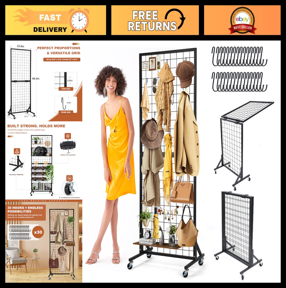 Foldable Grid Wall Panels Display Rack 5.6' x 2' FT, 30 Hooks, Movable Retail St