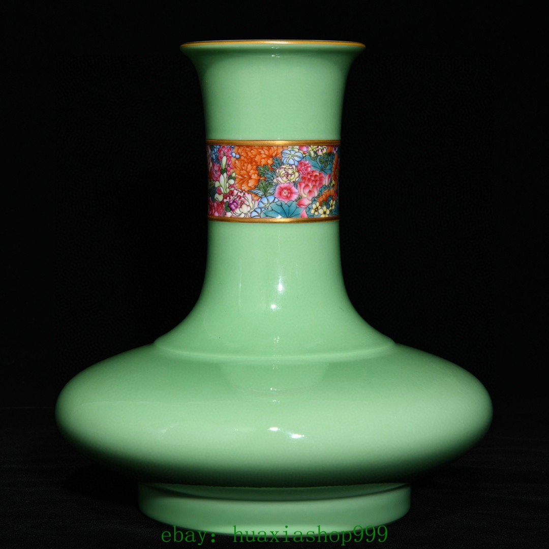 9.2"Old Green Glaze Famille Rose Porcelain Gilt Flower Pattern Bottle Vase