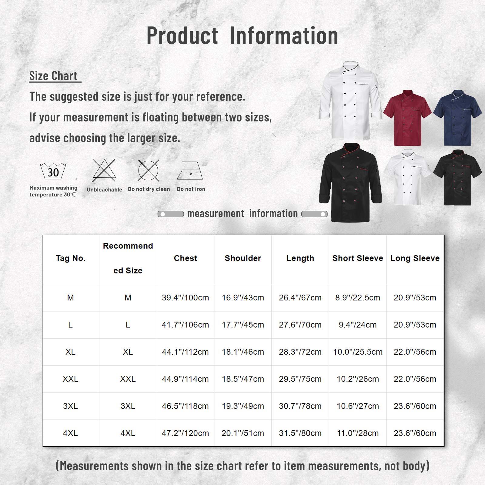 US Unisex Men Womens Double-Breasted Chef Coat Jacket Kitchen Cooking Uniform