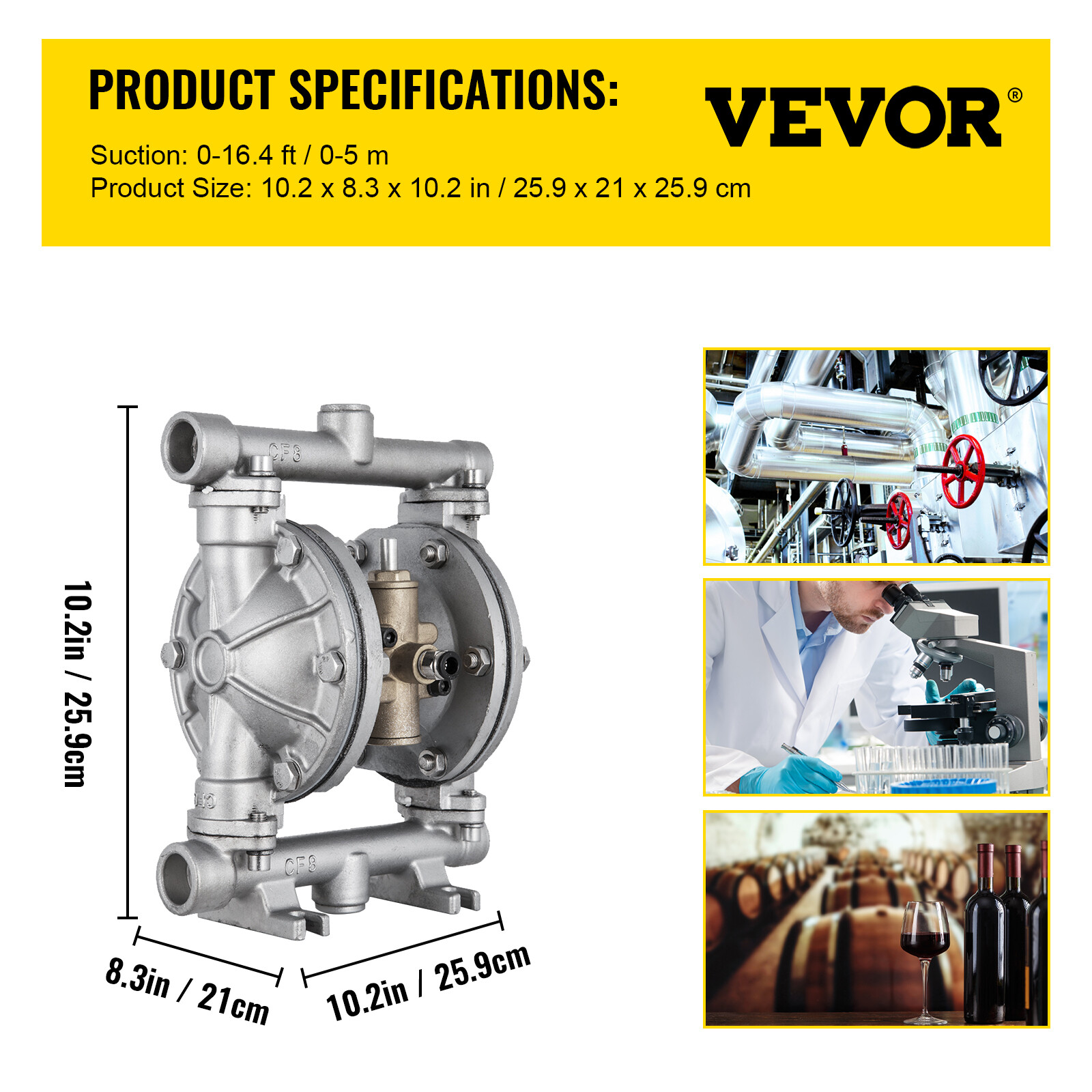 VEVOR 1/2 in Air-Operated Double Diaphragm Pump, 304 Stainless