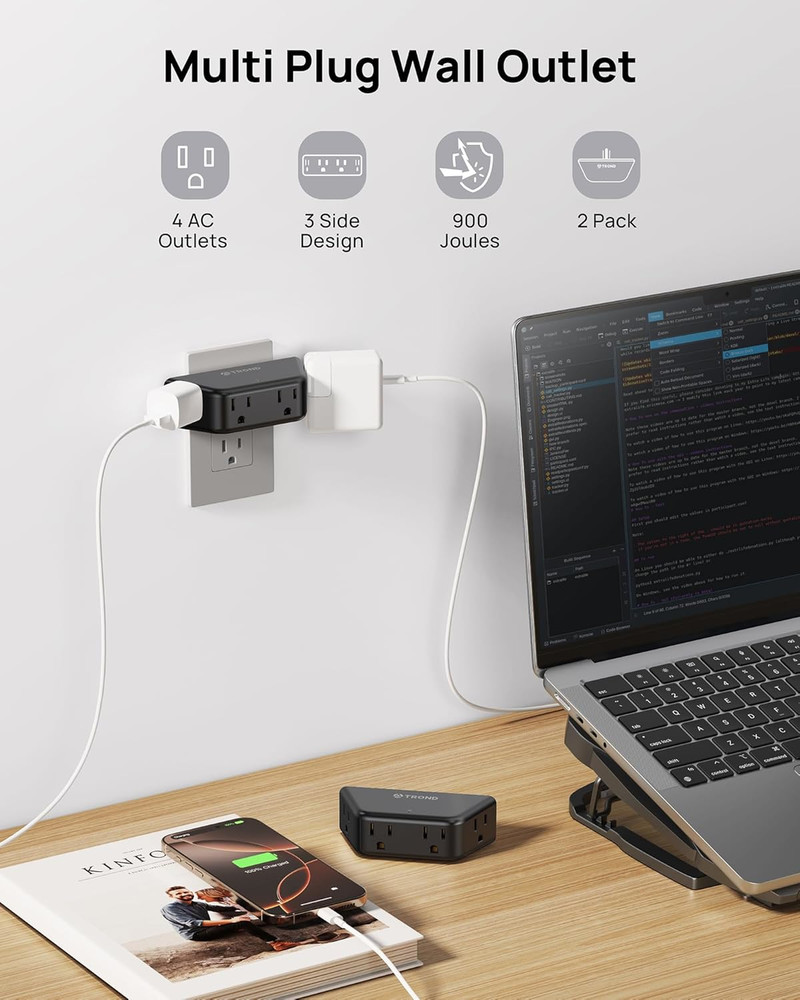 Outlet Extender Surge Protector 2 Pack - Multi Plug Wall Outlet with 4 Grounded