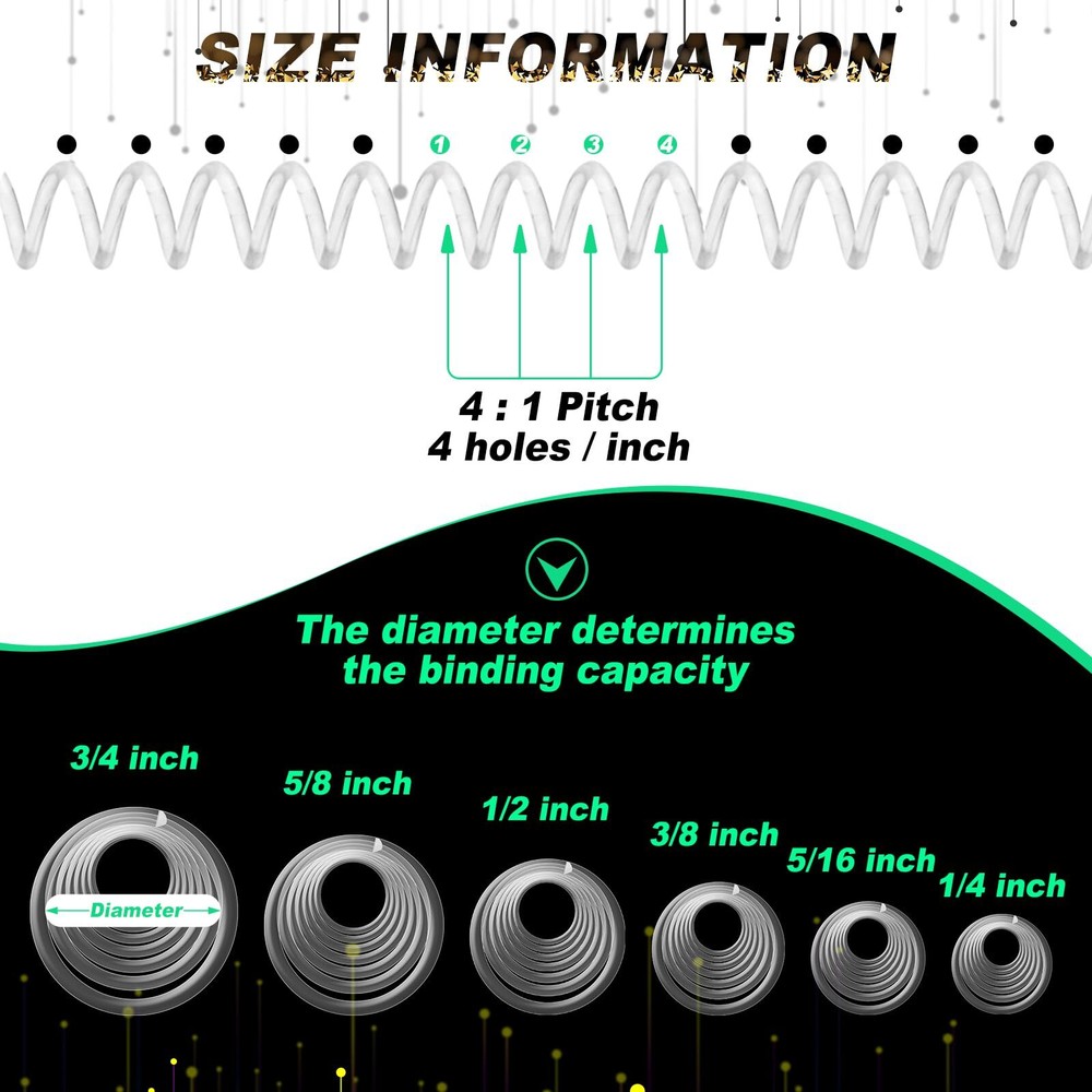120 Pack Plastic Spiral Binding Coils Multi Sizes 4:1 Pitch Spine Coils