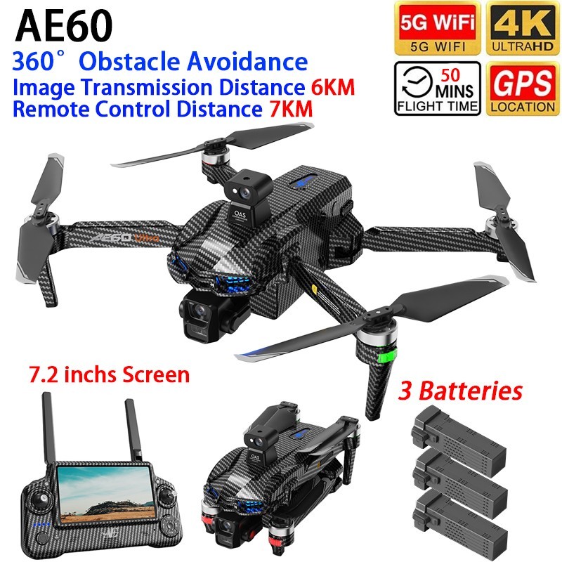 AE60 Screen Control Drone GPS FPV 7KM 3-axis Gimbal 4K Camera Obstacle Avoidance