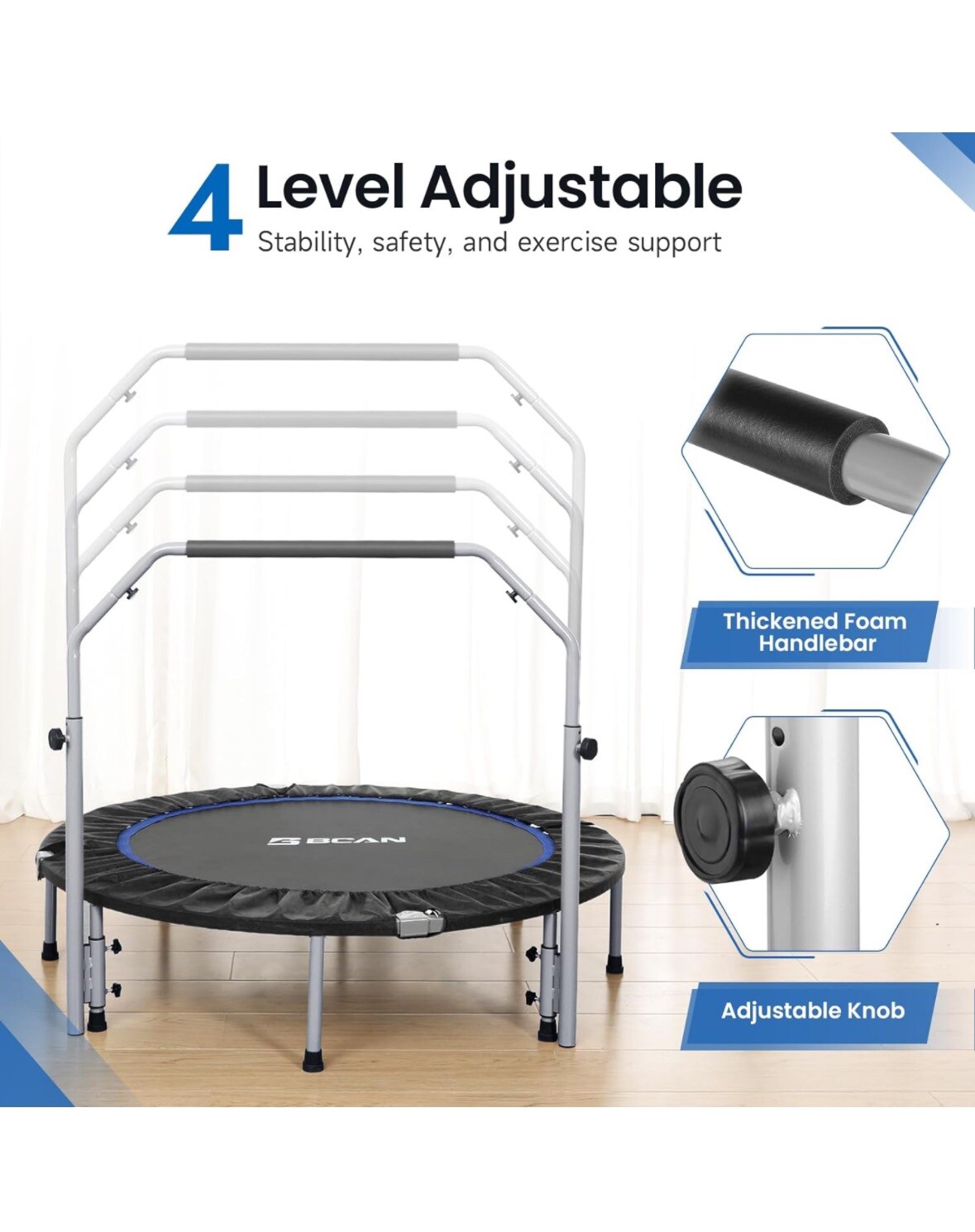 BCAN Trampoline for Fitness Rebounder & Adjustable Foam Handle - 330 Lbs