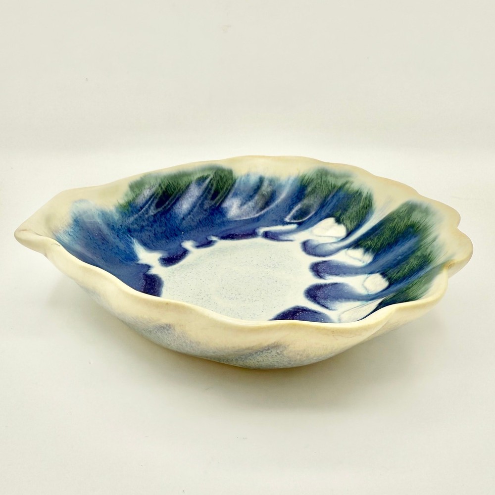 Studio Pottery Shell Dish – Signed SRP, Blue Green Drip Glaze, Handmade Ceramic