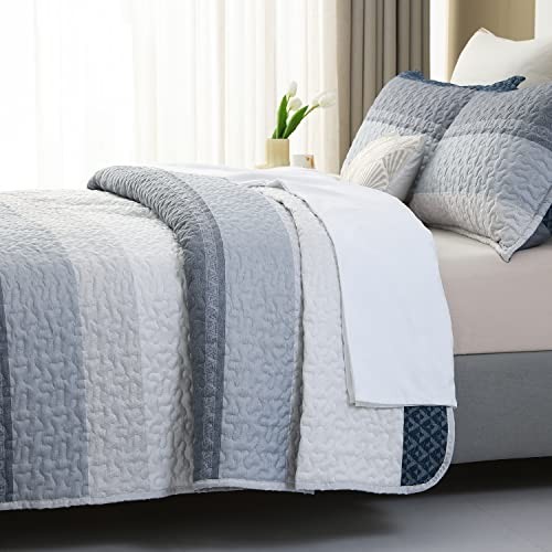 Quilt Set Queen Size 3Pcs,Soft Microfiber Queen(90" x 96") Blue Patchwork