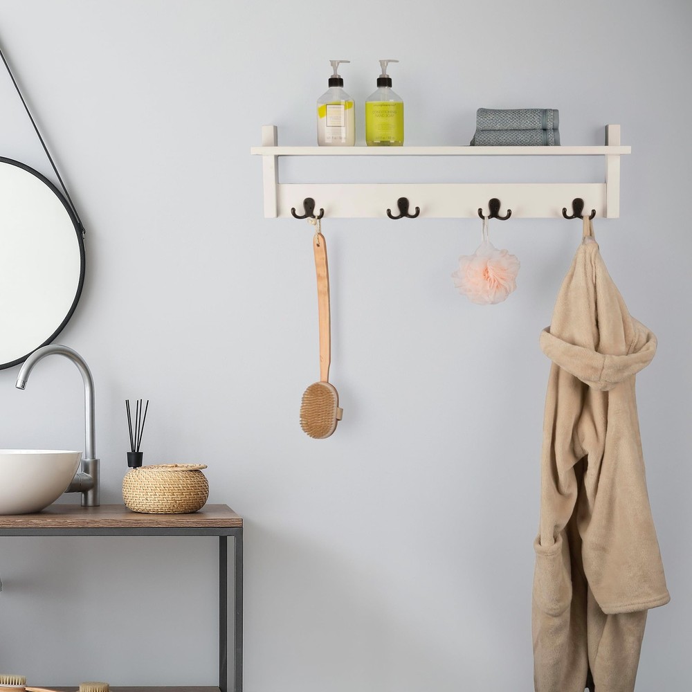 Coat Rack with Shelf - Wall Mount Shelf with 4 Hooks for Purses, Jackets and ...