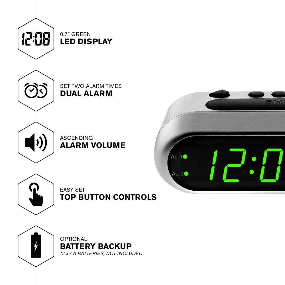 Digital Dual Alarm Clock Silver Green LED