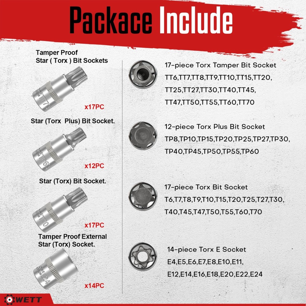 WETT Master Torx Bit Socket and External Torx Socket Set, 60-Piece 1/4", 3/8"...