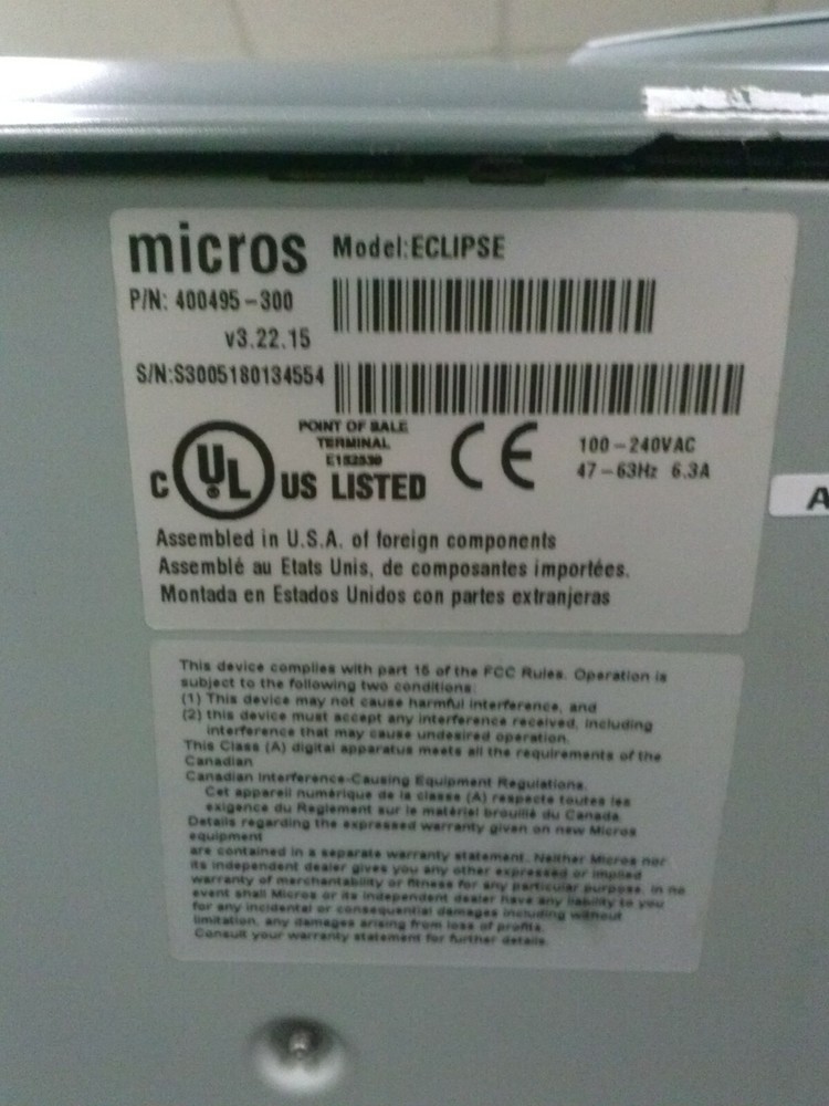MICROS Model ECLIPSE PN 400495-300 POS Terminal