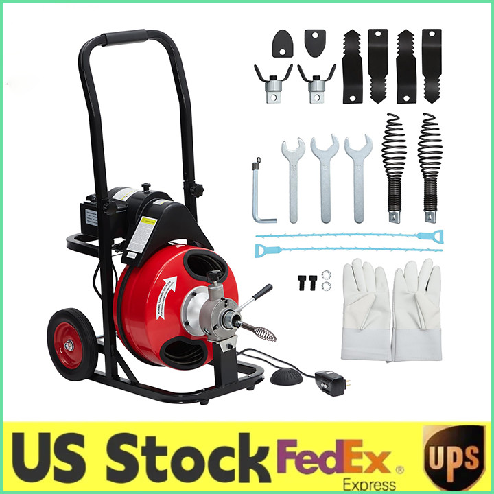 75FT x 1/2" Cable Electric Drain Cleaner Machine 250W Motor 8 Multi-Style Cutter