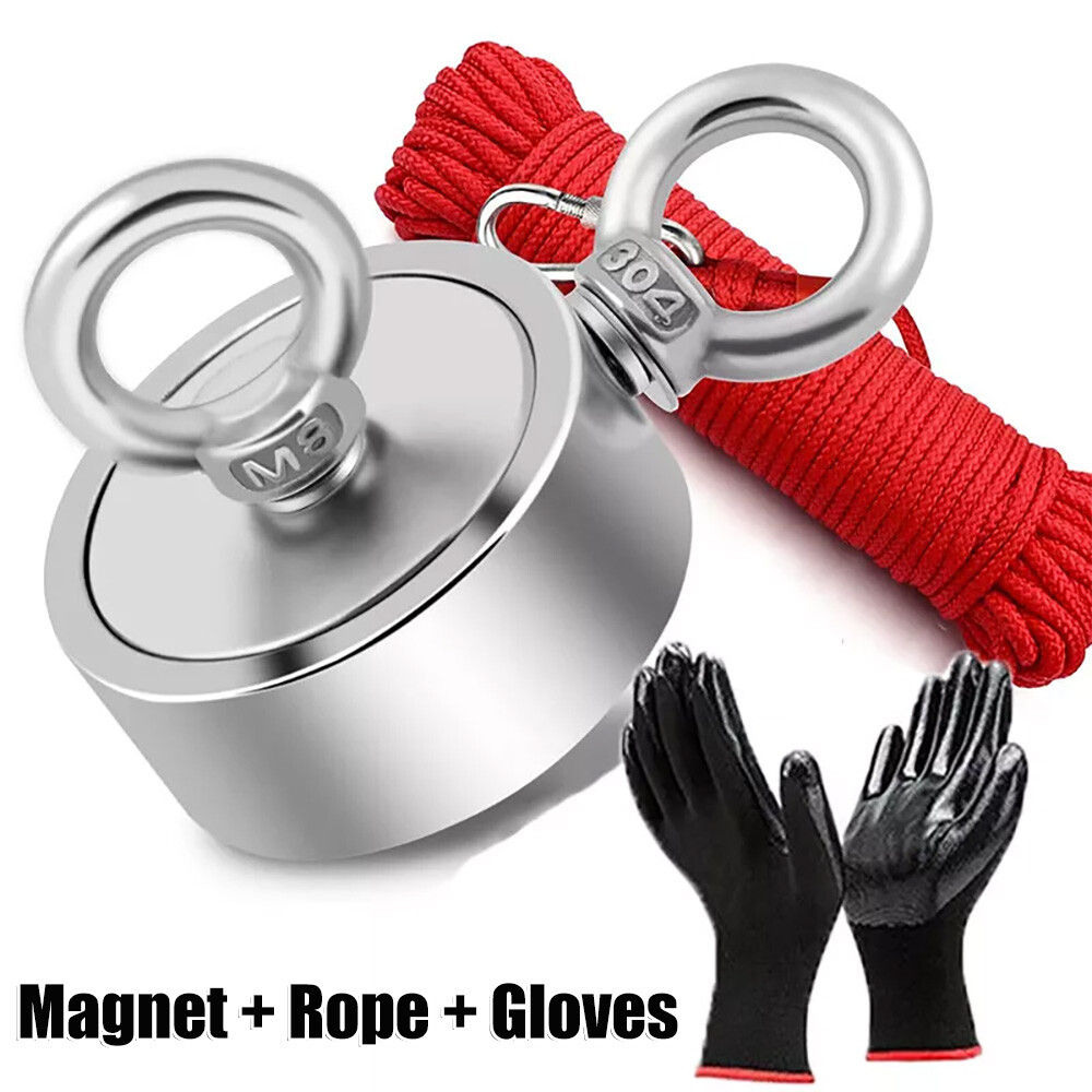 2000 LBS Strong Fishing Magnet Kit Double Sided Pull Force 20m Rope Carabiner