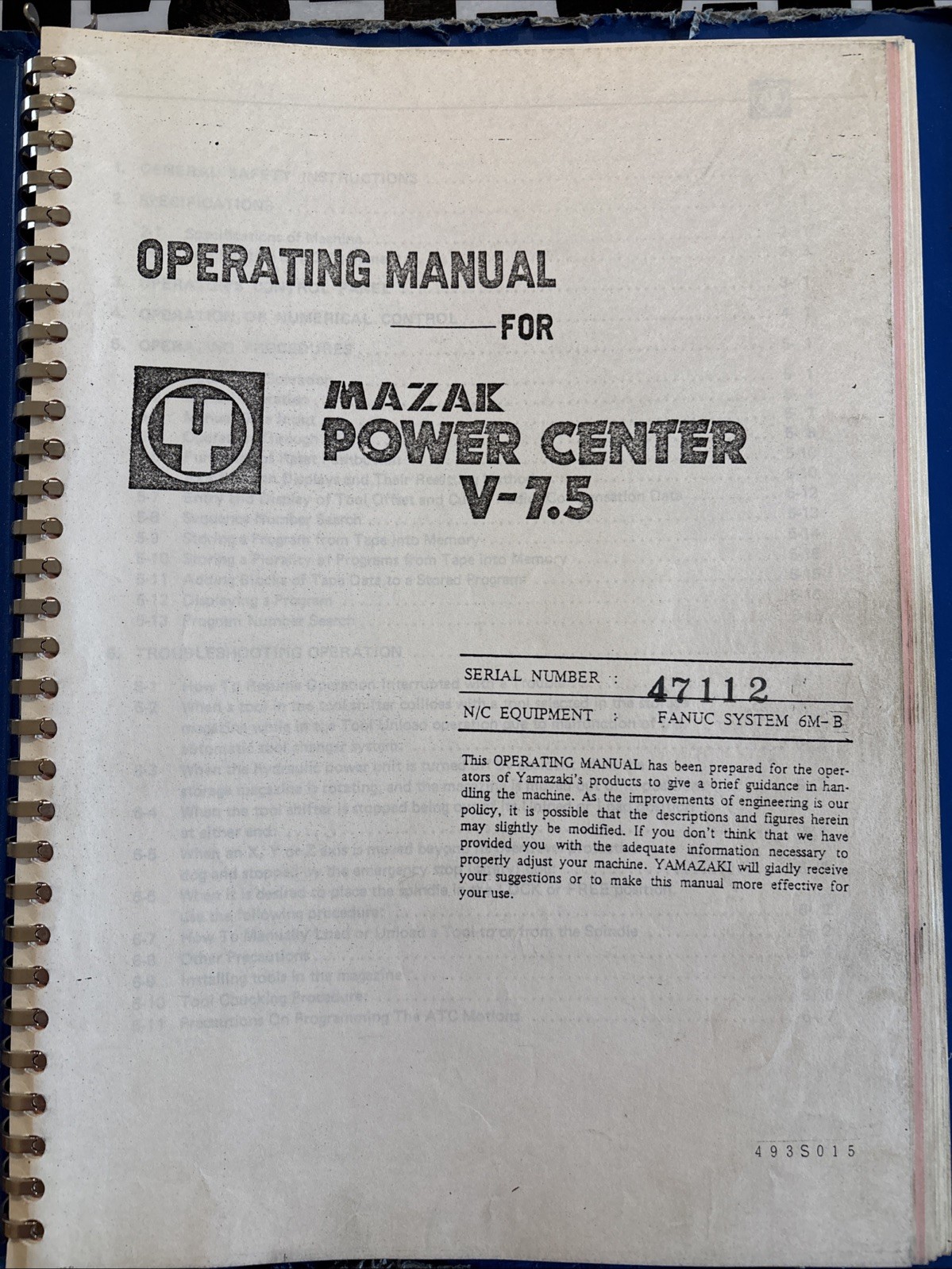 Operating Manual For Nasal Power Center V-7.5 by Yamazaki Machine Works, LTD.