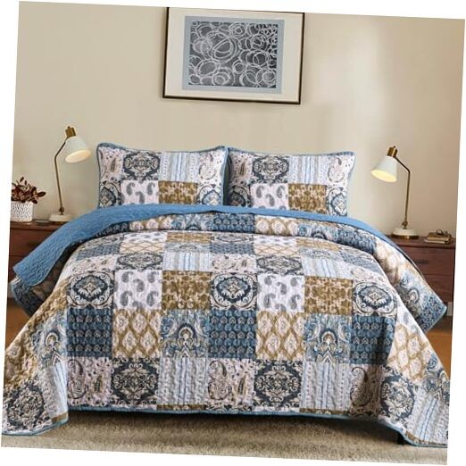 Boho Quilt Set Size Patchwork Plaid Bedspread Bedding Sets Paisley King Blue