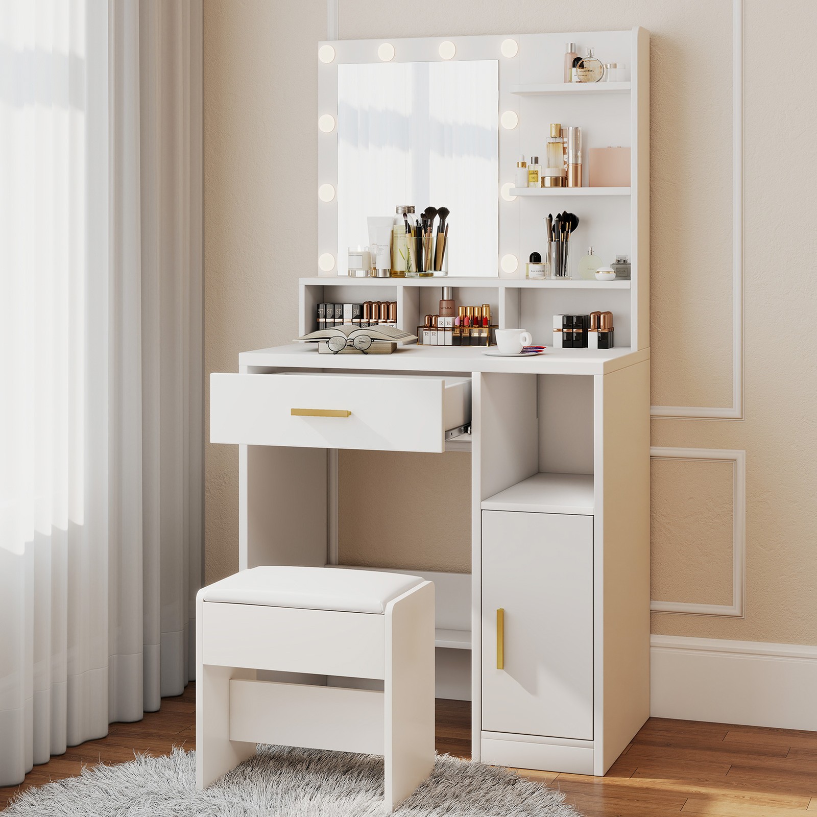 LED Makeup Vanity Table Set with 10 Lights Mirror Drawers Stool Dressing Desk