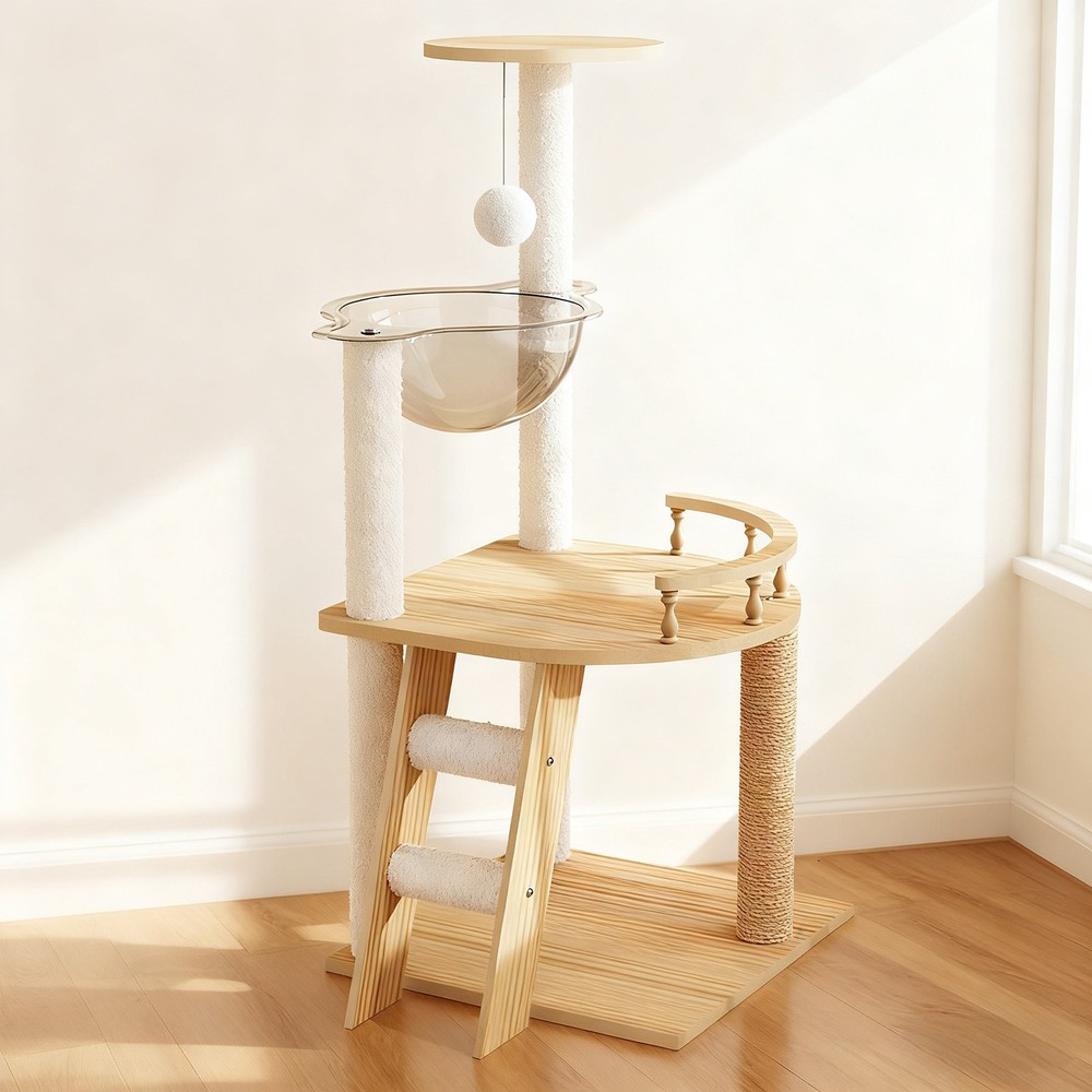 Modern Cat Tower 41.3" Wood Cat Tree with Scratching Posts Perch Hammock